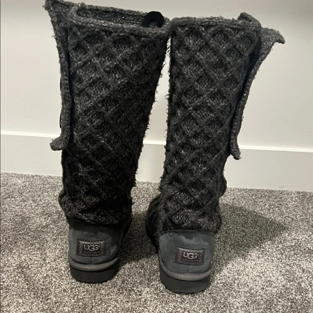 UGG Women’s Lattice Cardy Classic Charcoal Grey Knit Tall Boots - Picture 3 of 5